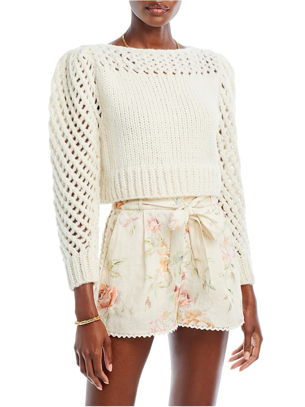 LoveShackFancy Larson Cropped Pullover Sweater S Ivory Baby Alpaca Open Knit